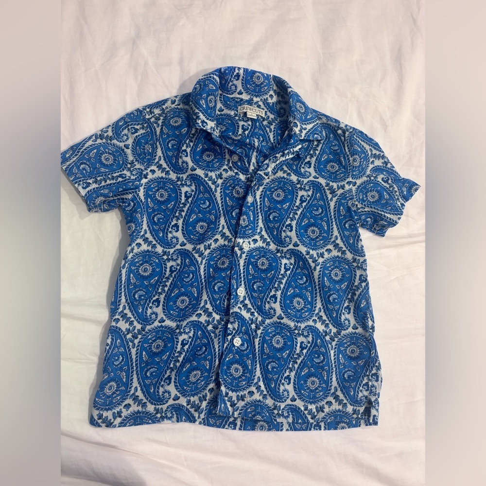 Crewcuts Boys Outfit - Blue Paisley Button-Up Top and Linen Shorts - Picture 4 of 14
